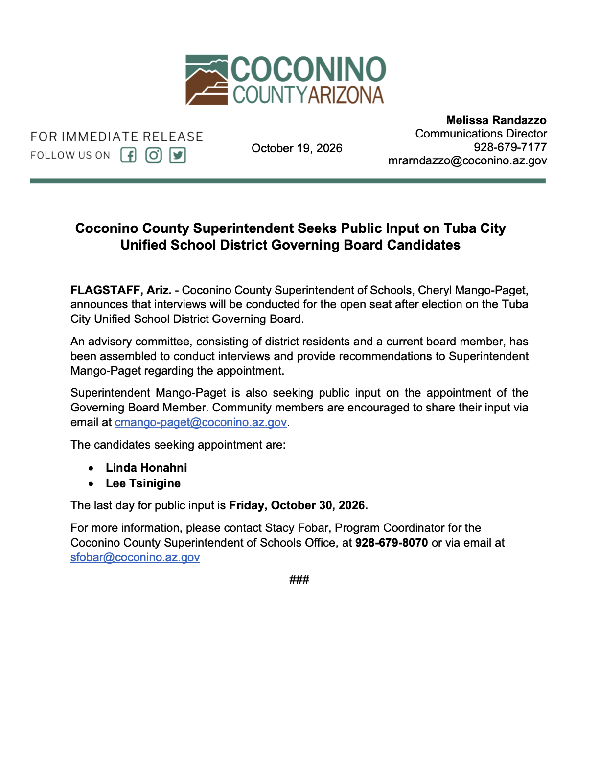 A Coconino County Arizona press release dated October 18, 2024, seeking public input for Tuba City Unified School District Governing Board candidates.